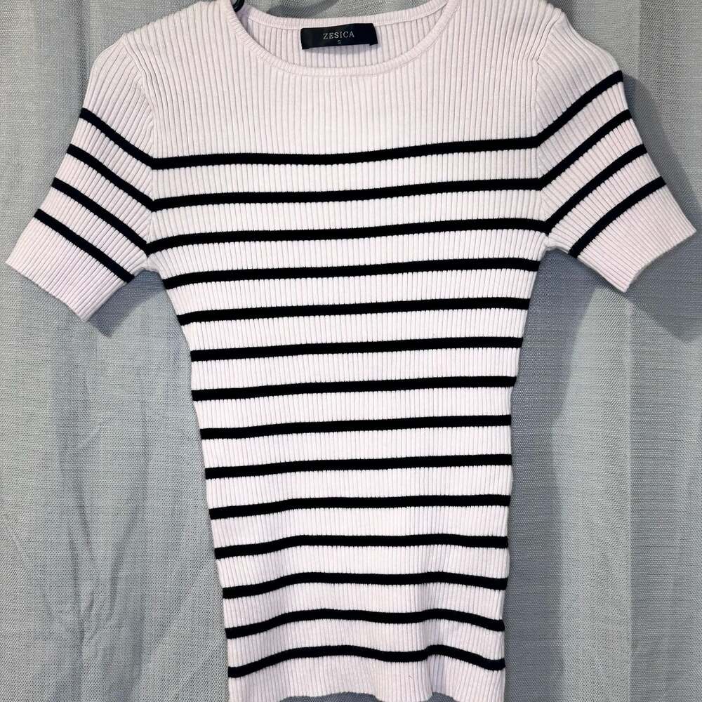 ZESICA Women's Short Sleeve Ribbed Knit Striped Crewneck Top